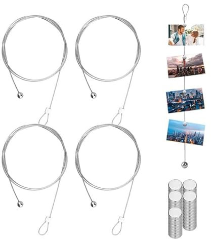 Tulov 4 Stück Fotodrahtseil, 2m x 1,5mm Aufhängen Fotoseil , Magnetseil mit 48 Knopfmagnete, Bilderseil Zum Aufhängen von Fotos und Postkarten