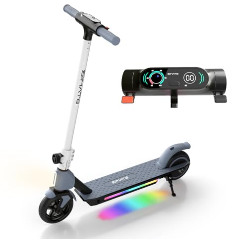 SIMATE Electric Scooter for Kids 6-14, Colorful Lights & Double Brake System, Aluminum Alloy Frame, Foldable, LED Display, for Boys Girls