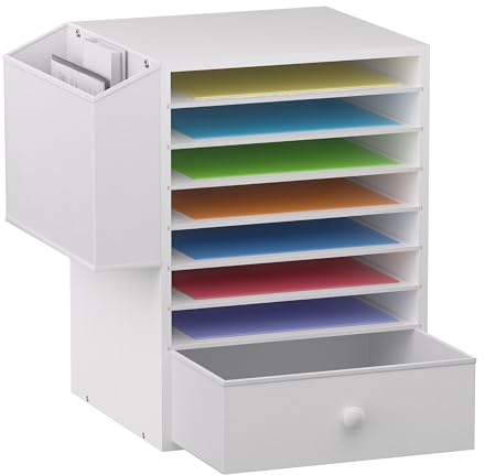 Unionly Wooden 12X12 Scrapbook Paper Organizer,7 Tier Adjustable Desktop File sorter with drawer,Craft&Stamp Cardstock Storage with Side Pocket&Name Slots for classroom,home offce，White