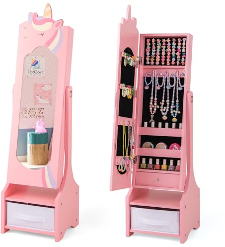 DREAMADE Armoire à Bijoux Enfants avec Miroir Inclinable,Organisateur de Bijoux Autoportante Enfant avec Tiroir,Anti-Bascule,Crochets,Miroir sur Pied Motif Licorne pour Filles (Rose)
