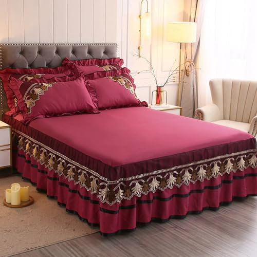 Calefee Betttuch 200x220 ohne Kissenbezug, Leintuch mit Gummizug Baumwolle Einfarbiges Weinrot Mit Spitze