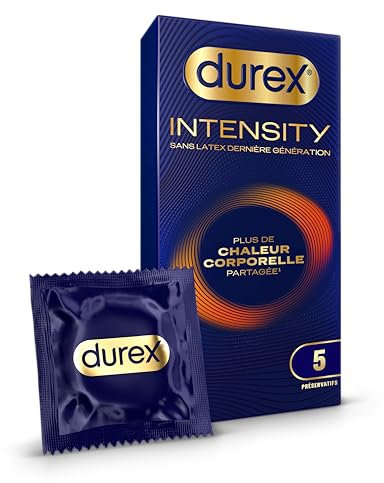 Durex Intensity – 5 Préservatifs Homme Sans Latex Dernière Génération Ultra Fins Ultra Lubrifiés – Plus de Chaleur Corporelle Partagée – Taille Standard