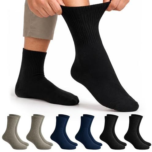 Gianci 3 or 6 Pairs Diabetic Socks for Men Cotton Rich – Non-Elastic Loose Top Socks for Swollen Feet and Ankles – Soft, Breathable -Seamless Toes – UK Size 7-11 (6 Pairs (Black,Blue,Grey))