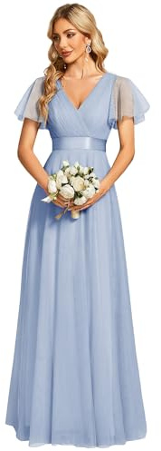 Ever-Pretty Women's V Neck Floor Length A Line Empire Wasit Short Sleeve Tulle Long Bridesmaid Dresses 07962