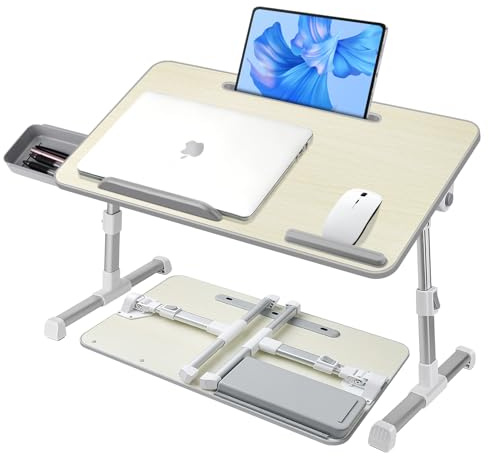 AirOpen Table de Lit pour Ordinateur Portable, Pliable, Réglable en Hauteur et Angle, Plateau de Lit avec Tiroir/Fente pour Tablette, Table pour Canapé, Sol (60 x 34 cm, Beige)