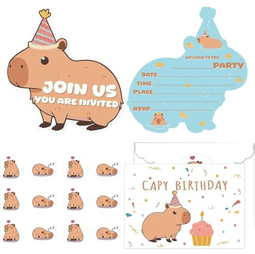 Nymora Cartes d'Invitation d'Anniversaire Capybara - Set de 12 pour Filles (Enveloppes et Autocollants) - Invitations de Fête d'Anniversaire & Baby-Shower