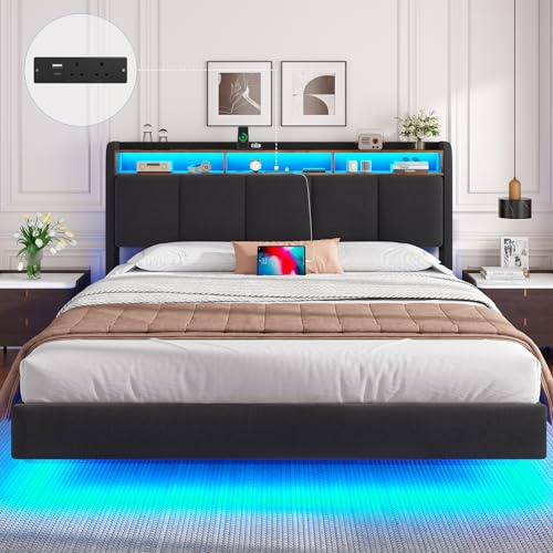 DICTAC King Floating Bed Frame with Upholstered Storage Headboard, Stable and Sturdy 5ft King Bed Frame with Power Strip & LED Lights, 150x200 cm Platform Bed Frame, No Box Spring Needed, Modern, Grey