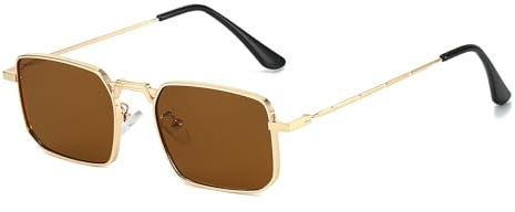 LJCZKA Occhiali da Sole Rettangolari Vintage per Donna Uomo, Retro Occhiali Quadrati con Montatura in Metallo con UV400 Protezione (Oro Marrone)