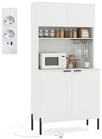 COSTWAY Alacena de Cocina Despensa con Estación de Carga, 80x40x164 cm, Mueble Auxiliar de Cocina Completa con Portavasos, 4 Puertas, Estante Ajustable, Encimera, Mueble Microondas Comedor (Blanco)