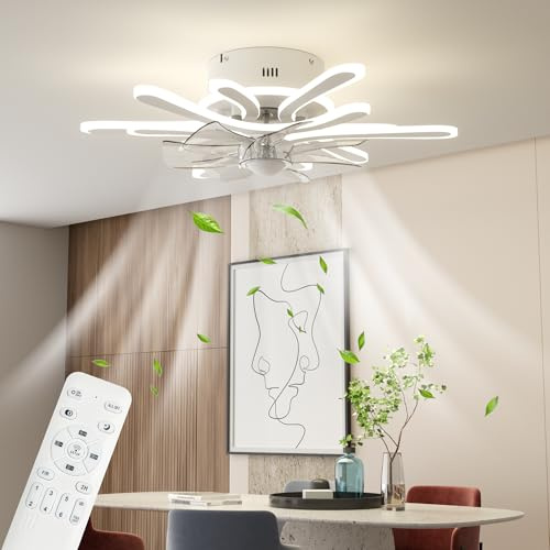 YUEEU Ventilatore da Soffitto con Luce Plafoniera LED Soffitto e Telecomando, Lampadario ventilatore da soffitto con Timer, Luminosità e Temperatura Colore Regolabili (6 luci/36W, Bianco)