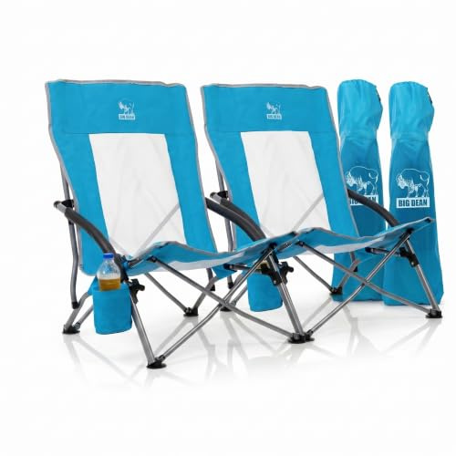 BigDean Lot de 2 chaises de plage pliantes, très légères, pour camping, jusqu'à 150 kg | Chaise basse pliante en maille respirante avec porte-gobelet, pour plage, jardin