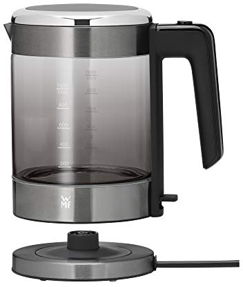 WMF Köksminis glas-vattenkokare (1 900 watt, 1,0 l, trådlös, vattennivåindikator, kalkvattenfilter, automatiskt kokstopp) grafit