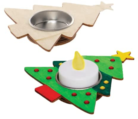 Baker Ross AX429 Christmas Tree Wooden Tealight Holders - Pack of 4, Decorate and Display for Christmas Decorations, Ideal Kids Arts and Crafts Project