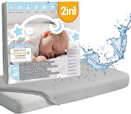 Bisoo 37x80 / 40x80 cm - wasserdichte Spannbettlaken - 2in1 Wasserfester Matratzenschoner Spannbettlaken - Baumwolljersey Zertifikat Oeko-Tex für Kinderwagen Stubenwagen Beistellbett (Grau)