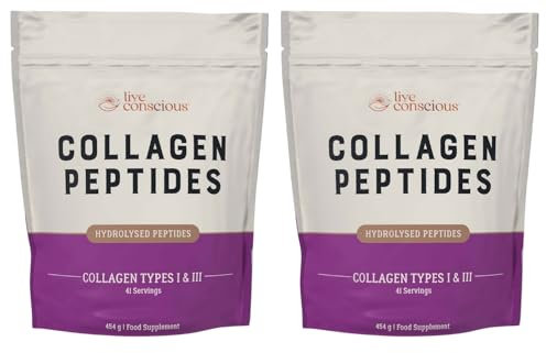 Live Conscious Collagen Peptides Powder - Hair, Skin, and Nail Joint Support - Type I & III Collagen - Naturally-Sourced Hydrolysed Protein - 82 Servings - 908 g (2-Pack)