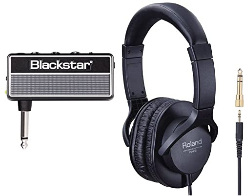Blackstar amPlug 2 FLY Mini Portable Electric Guitar Headphone Amplifier Plugin Simulator with Built in Effects & Roland RH-5 Monitor Headphones for Everyday Music Making And Audio Playback,Black