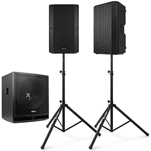 VONYX Kit Sono DJ Actif 2.1-3200 Watts, Montage Facile et Rapide, 2 Pieds d'Enceintes Réglables, Câbles Inclus, Idéal pour Les DJs et Les Professionnels du Son