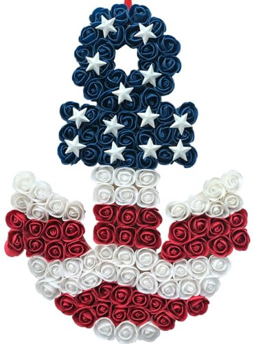 17 Inch Patriotic Red White Blue Anchor Soft Touch Roses Wreath for Front Door, Forth of July American Flag Color Soft Touch Floral Wreath for Indoor and Outdoor, Independence Home Decor