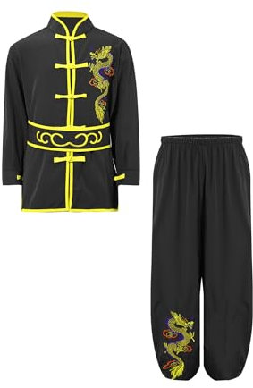 Yeahdor Kinder Jungen Kung Fu Uniform Langarm Kung Fu Shirt mit Wushu Hose + Gürtel Chinesische Kampfsport Bekleidung Sets Schwarz 134-140