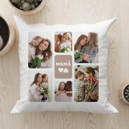 Transparent Gift Cojín Personalizado con Seis Fotos Mamá. Cojines Personalizados con Foto Decoración.Funda con o Sin Relleno. Regalos Personalizados para Mujer, Cumpleaños