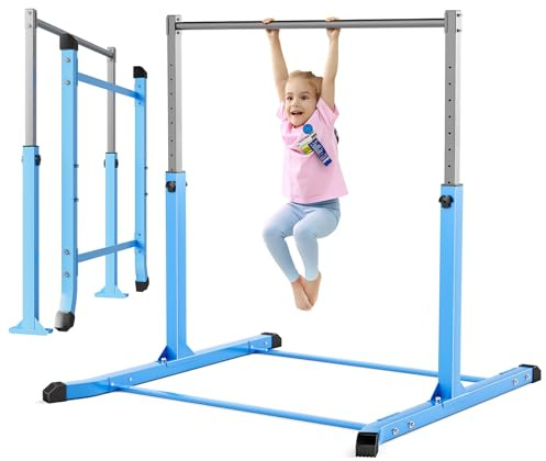 Mosebears Barra de gimnasia, equipo de gimnasia en casa para niños de 3 a 15 años, construcción de acero estable, antideslizante, fácil de montar, altura ajustable de 91 cm a 152 cm, color azul