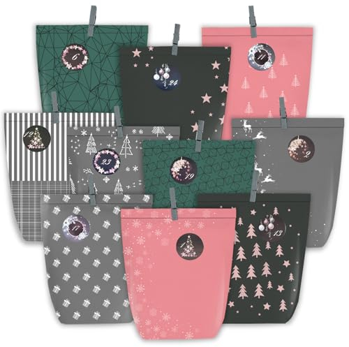 PANSIBY Adventskalender zum Befüllen, 24 Weihnachtskalender Geschenktüten zum Selbst Füllen, Advents Tüten mit Zahlensticker zum Selbstbefüllen