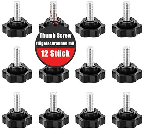 Lot de 12 vis à poignée étoile - Vis avec poignée M8 x 30 mm - Vis à tête moletée - Écrou à poignée étoile - Bouton de serrage pour machine à outils - Noir