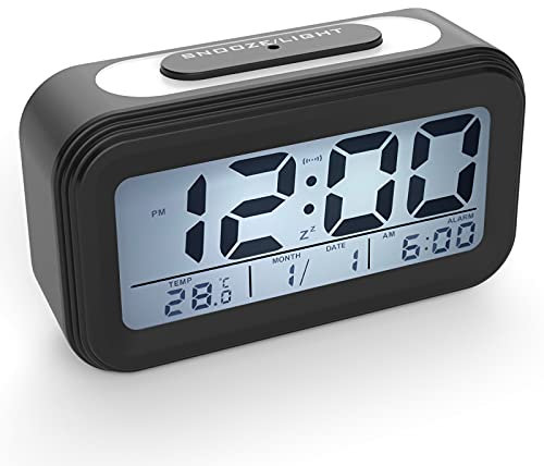 Coolzon Sveglia Digitale, Sveglie da Comodino Batteria per Bambini Adulti, Orologio Digitale Silenziosa Grande LCD Schermo Data Temperatura Funzione Snooze Luce Notturna Allarme Forte, Nero