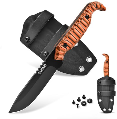 Omesio Outdoor Knife Survival M-FT15, Acciaio D2 Full Tang Con Fodero in Kydex Coltello Da Cintura, Lunghezza Lama 9 Cm Piccolo Coltello Da Caccia, Lama Nera + Manico G10 Arancione Bicolore per La Pes