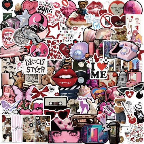 Yamobi 100 Stück ästhetische Aufkleber Downtown Girls, Y2K Aufkleber für Wasserflasche, Laptop,Vinyl-Aufkleber für Mädchen, Teenager (Schwarz, Pink)