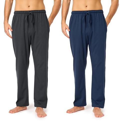 Timone Pantalones de pijama largos para hombre, pantalones de algodón para dormir, ropa de estar por casa con bolsillos, ropa de noche sleepwear TPP-001 ((2Pack) Azul oscuro/Antracita, XXL)