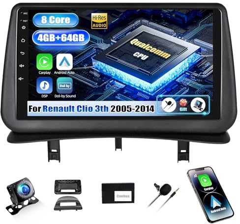SIXWIN Qualcomm 8 Core 4+64G Android 15 Radio Coche para Renault Clio 3th 2005-2017 con CarPlay&Android Auto&DSP,9 Pulgadas Pantalla Táctil con WiFi6/GPS/Bluetooth5.1/RDS/FM con Cámara Trasera