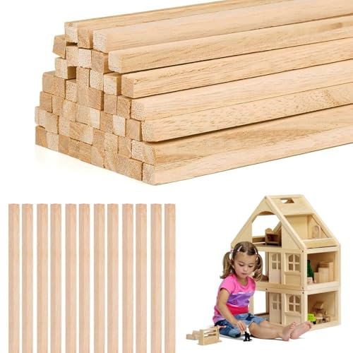 58 Pcs Balsa Wood Sticks, Birch Square Wooden Rods Dowels Dowling, Natural Unfinished Wood Squares for Crafts, Square Wooden Sticks for Craft Model Making DIY Projects (6 x 6 x 300mm)