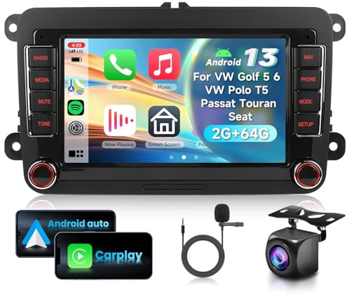 2G&64G 7 Radio de Coche con para VW Golf 5 6 VW Polo T5 Passat Touran Seat con Carplay Android Auto,Android 15,Bluetooth,Radio RDS/FM,navi WiFi,cámara de visión Trasera AHD