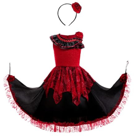 Lito Angels Vestido Flamenco para Niña Traje Largo Tradicional Español con Lazo para el Pelo Carnaval Eventos 8-9 Años 134