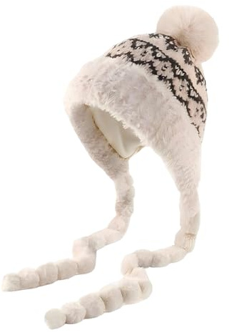 Copbopwn Women's Winter Knitted Bobble Hat with Ear Flaps Jacquard Trapper Hat Cozy Plush Lined Bobble Hat Women Earflap Hat Ladies Winter Hats Thermal Woolly Hats for Women Girls
