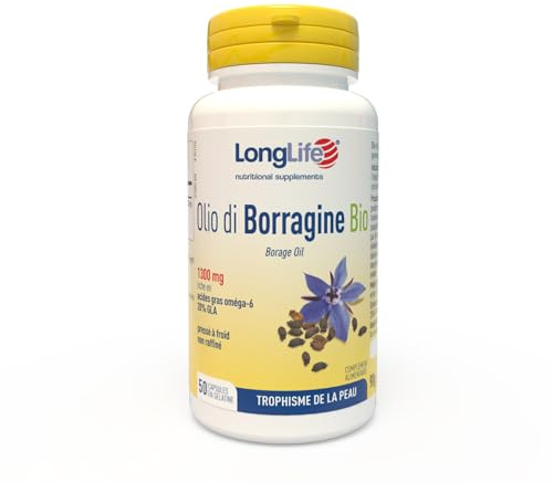 LongLife® Olio di Borragine Bio 1300 | Huile de bourrache titré à 20 % en GLA | Oméga‑6 | Beauté de la peau et confort articulaire | Jusqu’à 50 jours de traitement | BIO et sans gluten