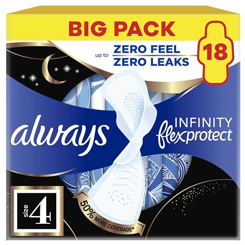 Always Infinity FlexProtect Sanitary Towels Night Extra (Size 4) with Wings 18 Pads, Unscented, for Up to Zero Feel & Zero Leaks, Super-Absorbent & Flexible Protection