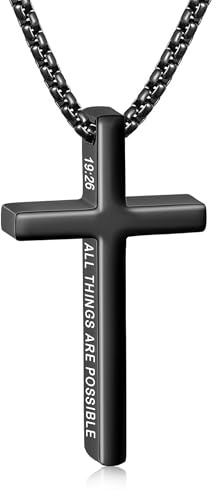 Black Cross Necklace for Men Boys, Bible Verse 19:26 Black Cross Chain for Men Boy Easter Basket Stuffers Baptism Christian First Communion Confirmation Religious Stuff Gifts for Teen Boys Kids Jewelry