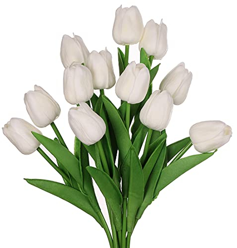 huaao 12pcs Tulipes Artificielles en Latex Toucher Réel Fleurs Artificielles Blanche Nuptiale Bouquets à Faire soi-même, Fête Table Mariage Décoration de Maison Prénatale Bureau Arrangements Floraux
