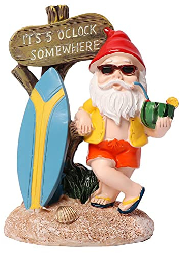 WINBST Nain de jardin résistant aux intempéries avec ses 5 panneaux Oclock Somewhere - Planche de surf tropicale pour l'extérieur - Décoration de jardin - 10 x 6,5 x 14,5 cm