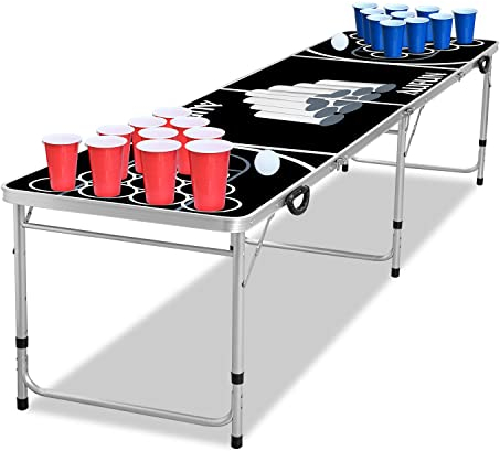 AufuN Beer Pong Tisch Set für Erwachsene, inkl. 6 Bälle & 100 Becher, Premium Höhenverstellbar Bierpong-Tisch Klappbar aus Aluminium und MDF, Classic Party Spiel, Schwarz