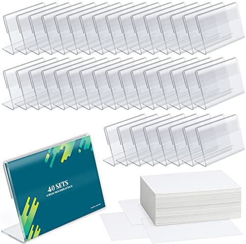 BILLIOTEAM 40pack Mini Clear Sign Display Holder with Blank Labels,3.5*2.4 Inch Horizontal Slanted L-Shape Plastic Name Card Price Card Tag Label Counter Top Stand