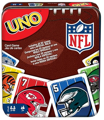 Mattel Games UNO NFL Card Game in Storage Tin Box for Kids, Adults, Parties & Travel with NFL Team Logos & Special Rule (Amazon Exclusive)