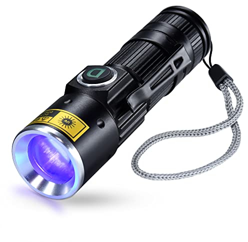 DARKDAWN UV 365nm Black Light Flashlights USB Rechargeable, Wood's Lamp Ultraviolet LED Portable Mini, Blacklight for cat Urine Detection Dry Stains, Uranium Glass, Leak Detection, D15 365 nm