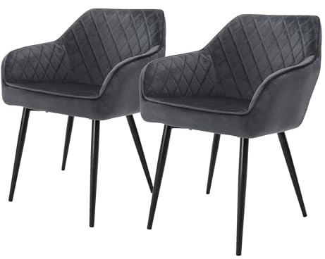 ML-Design Lot 2x Chaises de Salle à Manger - Anthracite - Style Rétro - Dossier/Accoudoirs Rembourrée Aspect Velours - Pieds en Métal Noir - Chaise Ergonomique - Fauteuil Moderne Salon/Chambre/Cuisine
