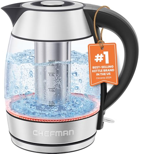 Chefman Glass Electric Kettle for Boiling Water, 1.8L 1500W, with Tea Infuser, Keep Warm Function, Auto Shut Off, Boil-Dry Protection, BPA Free, Hot Water Boiler, Electric Tea Kettle - Stainless Steel