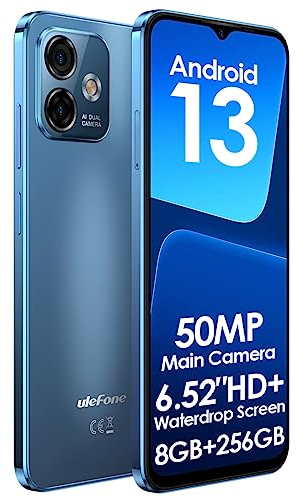 Ulefone Android 13 Handy ohne Vertrag Note 16 PRO(256GB ROM), Bis Zu 16GB RAM, 50MP Kamera, DUAL SIM-Smartphone, 6,52'' HD+ Bildschirm, 4400mAh Akku, Fingerabdruck+Gesichtsentsperrung GPS Blau