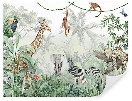 Tapeko - Carta da parati per bambini, fotomurali 400x280 cm, Giungla, tropici, leopardo, giraffa, elefante, zebra, scimmie, bambini fotografica murale per camera da letto, u74709