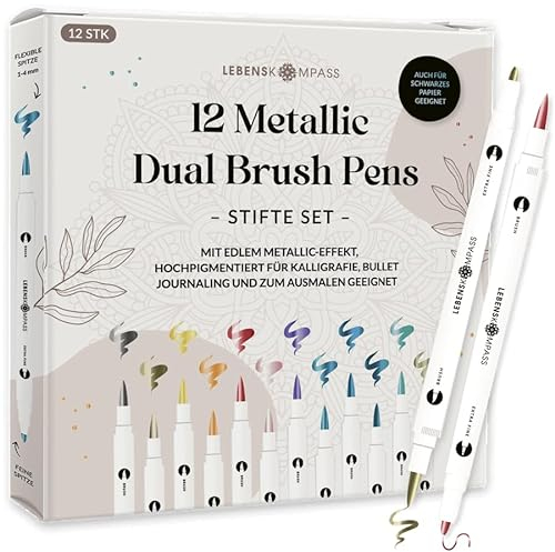 LEBENSKOMPASS® Metallic Dual Brush Pen Set mit 12 wasserbasierten bunten Farben für schimmernde Metallic-Effekte Pinselstifte für Malbücher, Handlettering, Kalligraphie & Bullet Journal